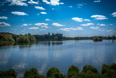 Scenic view of lake against cloudy sky