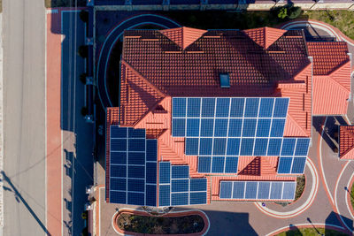 High angle view of buildings seen through window