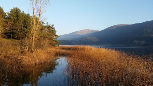 Scenic view of lake and mountains against clear sky