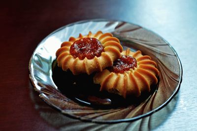 High angle view of dessert in plate on table