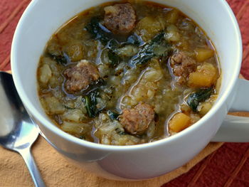 High angle view of soup in bowl on table