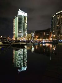 Reflection of illuminated buildings in river at night