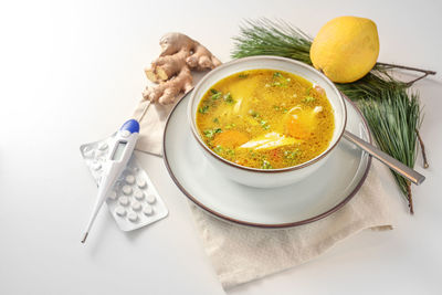 High angle view of soup in bowl on table