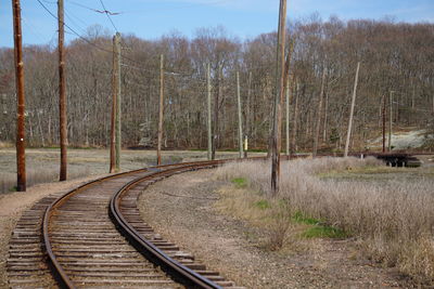 Railroad track amidst trees against sky