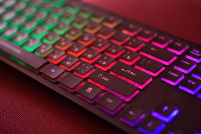 High angle view of illuminated computer keyboard