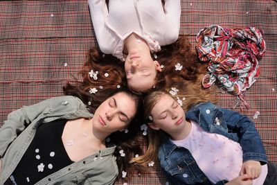 Directly above shot of siblings lying on textile