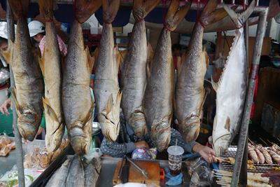 Fish hanging in stall at market