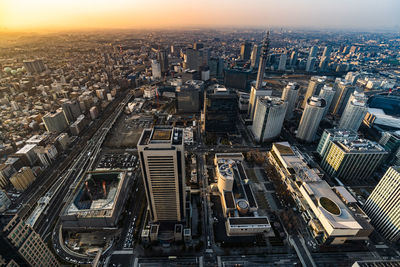 High angle view of modern buildings in city