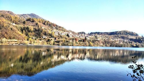 Scenic view of lake by buildings against clear sky