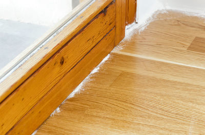 Insect powder between parquet and window frame.