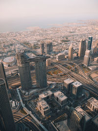 High angle view of modern buildings in city