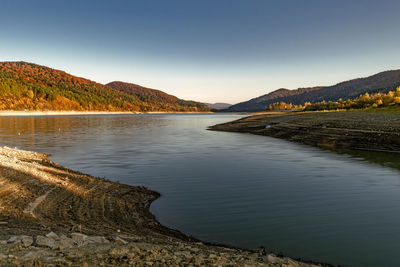 Scenic view of lake against clear blue sky