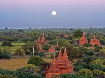 High angle view of buddhist temples against sky  on the bagan plain, in myanmar.