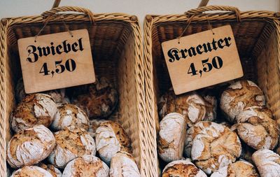 Information sign in basket for sale at market stall