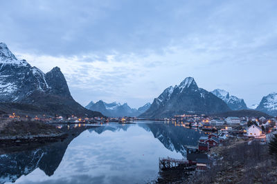 Village on coast at dusk