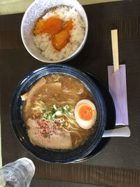 High angle view of breakfast served on table