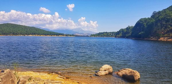 Scenic view of bay against sky