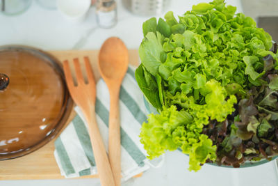 High angle view of vegetables in bowl on table