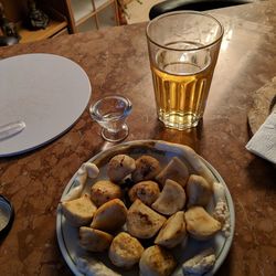 High angle view of beer in glass on table
