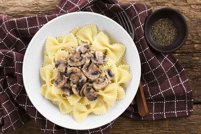 High angle view of pasta in bowl on table