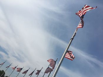 Low angle view of american flags against sky