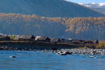 Scenic view of river with mountains in background
