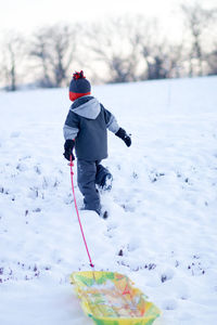 Rear view of boy with sled walking on snowy land