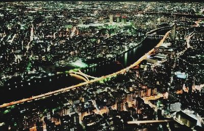 Aerial view of illuminated cityscape
