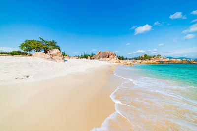 Scenic view of beach against blue sky