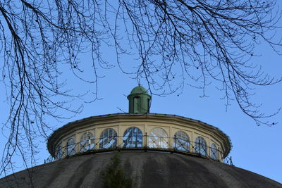 Low angle view of church against clear blue sky