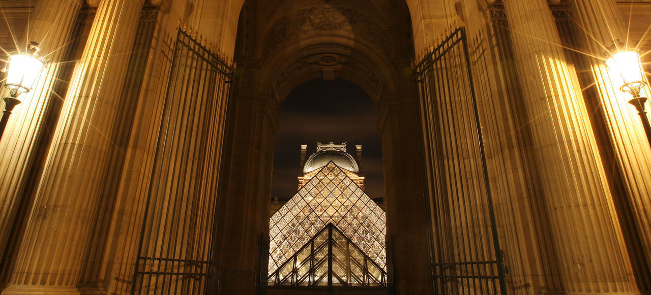 LOW ANGLE VIEW OF ILLUMINATED TEMPLE BUILDING