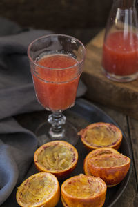 High angle view of drink in glass on table