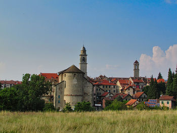 Houses on field by buildings against sky