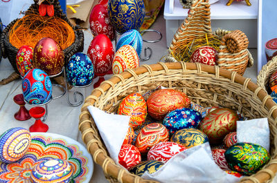 Multi colored easter eggs in basket for sale at market stall