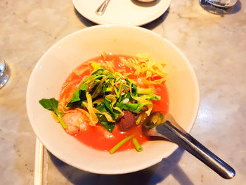 High angle view of soup in bowl on table