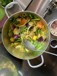 High angle view of salad in bowl on table
