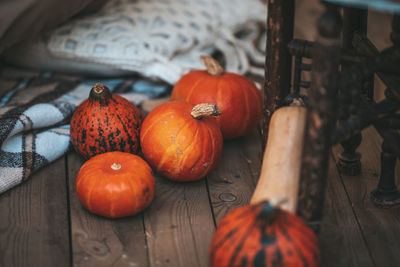 High angle view of pumpkins on table