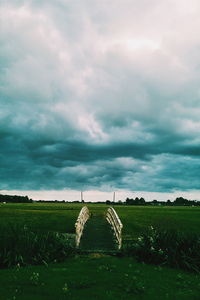 Scenic view of grassy field against cloudy sky