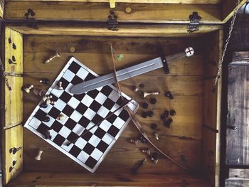 High angle view of objects on table