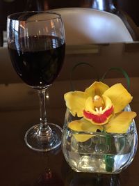 Close-up of wine glasses on table