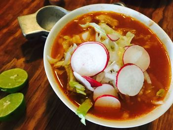 High angle view of soup in bowl on table