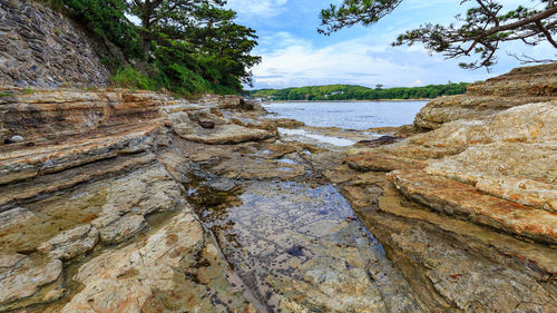 Rock formation amidst trees against sky