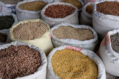 High angle view of food in sacks for sale at store