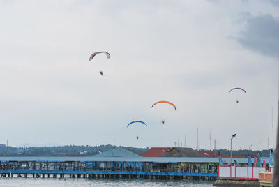 Birds flying over sea against sky