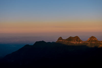 Scenic view of silhouette mountain against sky during sunset