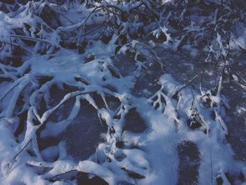 High angle view of snow on field during winter