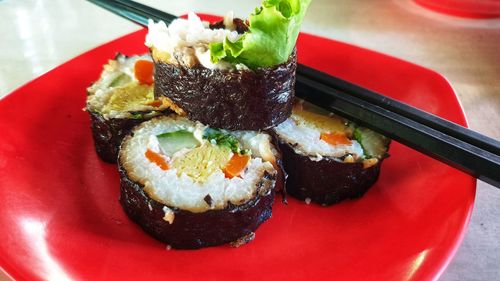 Close-up of sushi served in plate
