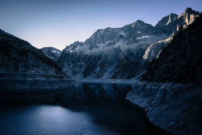 Scenic view of lake with mountains in background