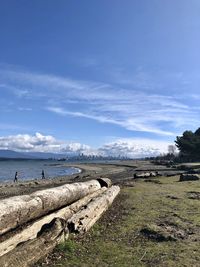 Scenic view of beach against blue sky