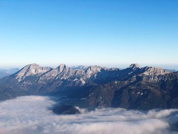 Scenic view of snowcapped mountains against clear blue sky